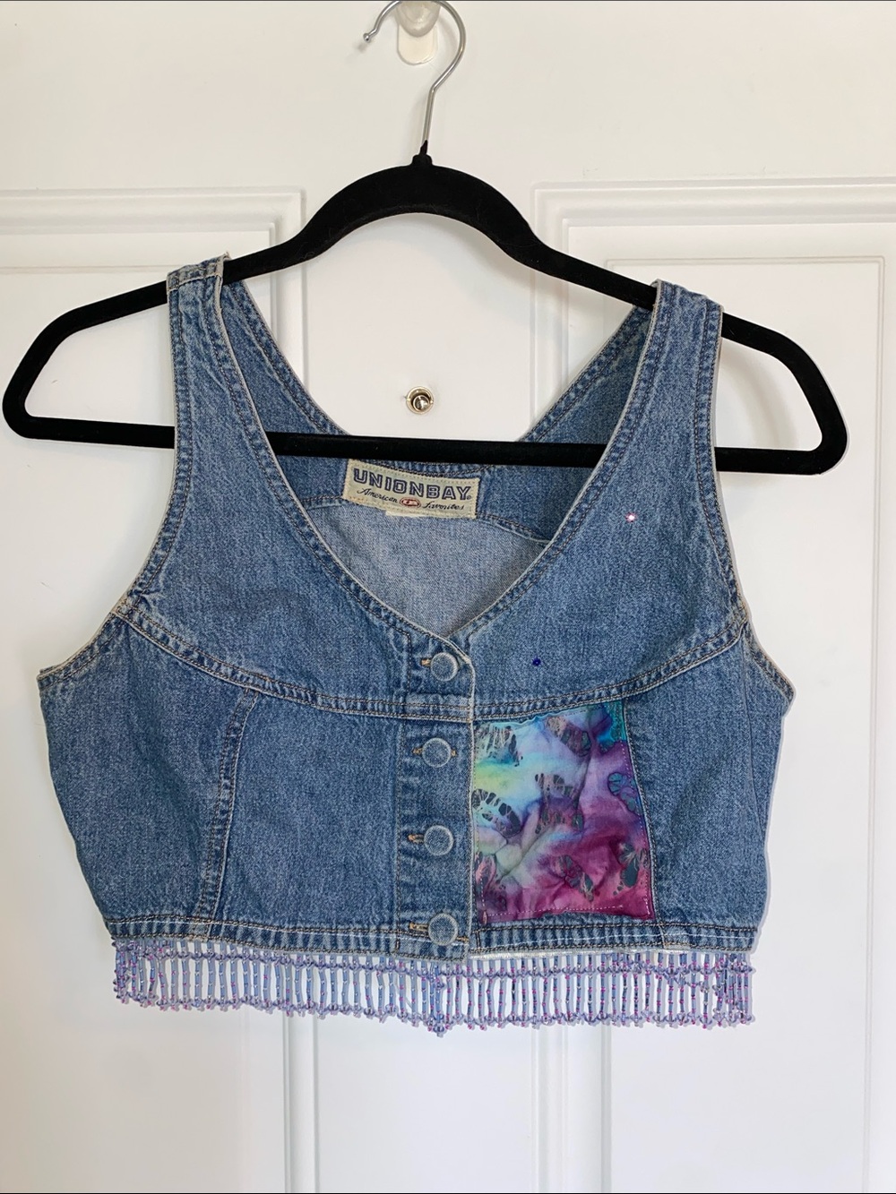 UNIONBAY Blue Denim Cropped Tank with Purple Tie-Dye Patch and Beaded Fringe